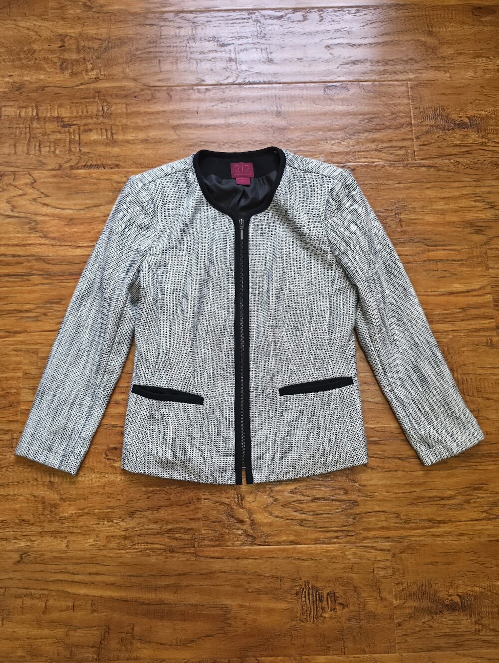 212 Collection Black-Trim Gray Textured Black/White Lined Blazer/Jacket w/Zipper